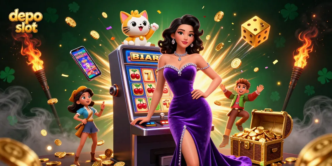 Spin to win on depo slot with a glamorous lady at a jackpot slot machine in a vibrant casino scene.