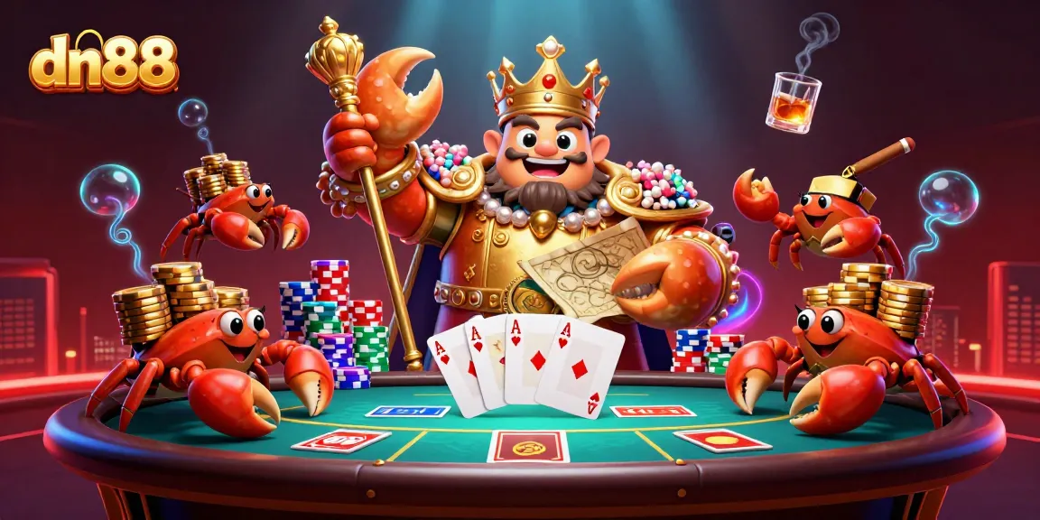 Engage with dn88's vibrant casino scene featuring a golden crab emperor and poker elements.