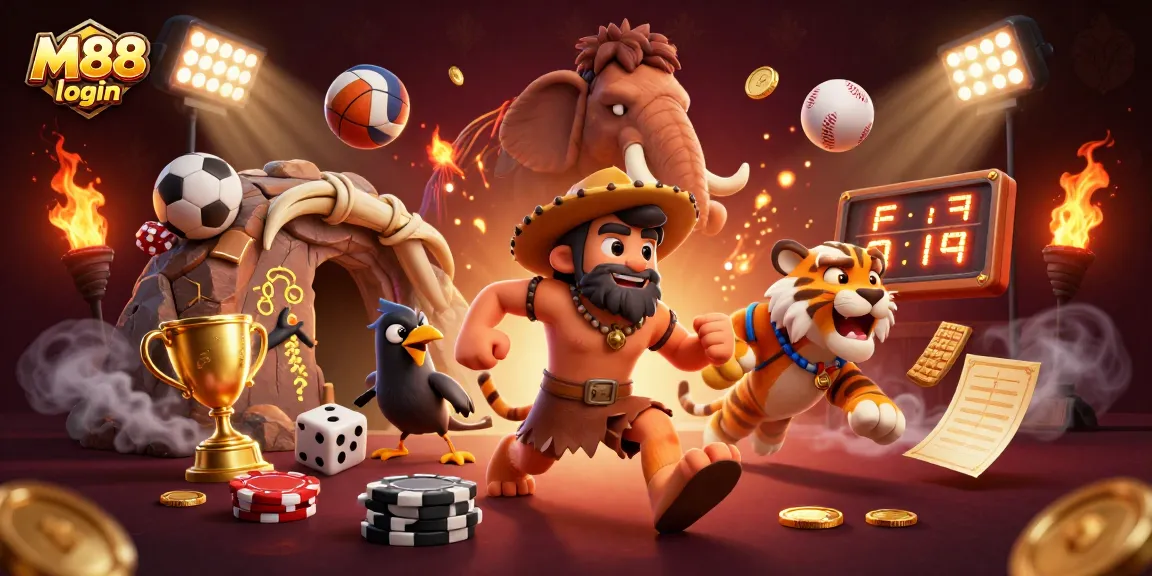 M88 login dynamic illustration showing a caveman and sabertooth tiger at a prehistoric casino surrounded by sports elements.