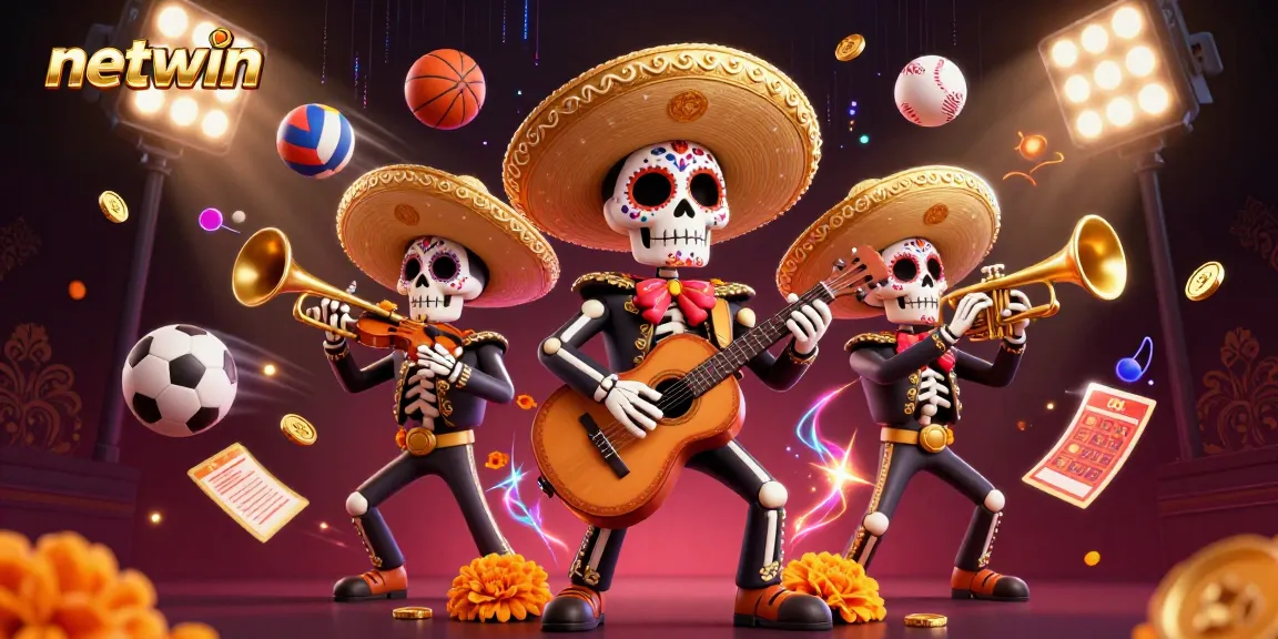 Experience the excitement at netwin with a vibrant 3D mariachi band amidst dynamic sports-themed elements.