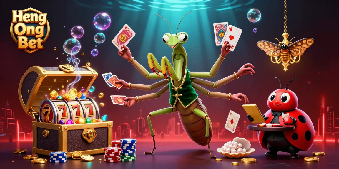 Join Heng Ong Bet's dynamic scene with a giant praying mantis gambling alongside a ladybug pit boss, featuring colorful slot and jackpot elements.