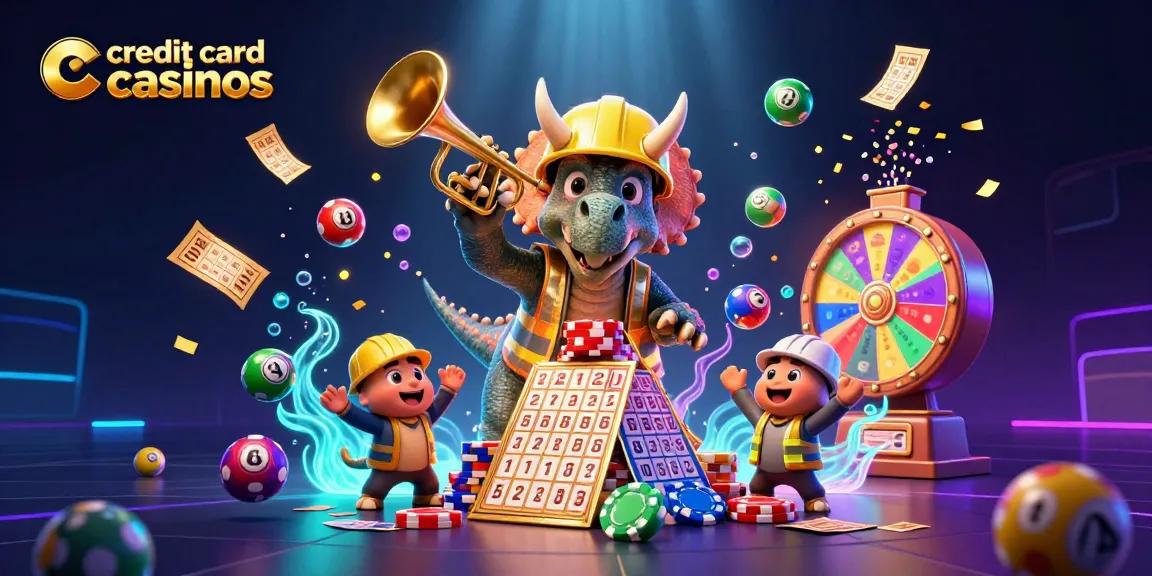 Engage with credit card casinos through a vibrant scene of playful dinosaur characters celebrating with gaming elements.