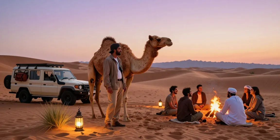 Adventurer experiences desert safari with camel and glowing lanterns at sunset.
