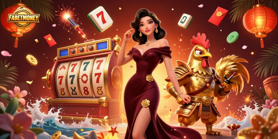 Experience FABETMONEY with a glamorous 3D scene of a woman and a golden rooster, highlighting dynamic casino elements.