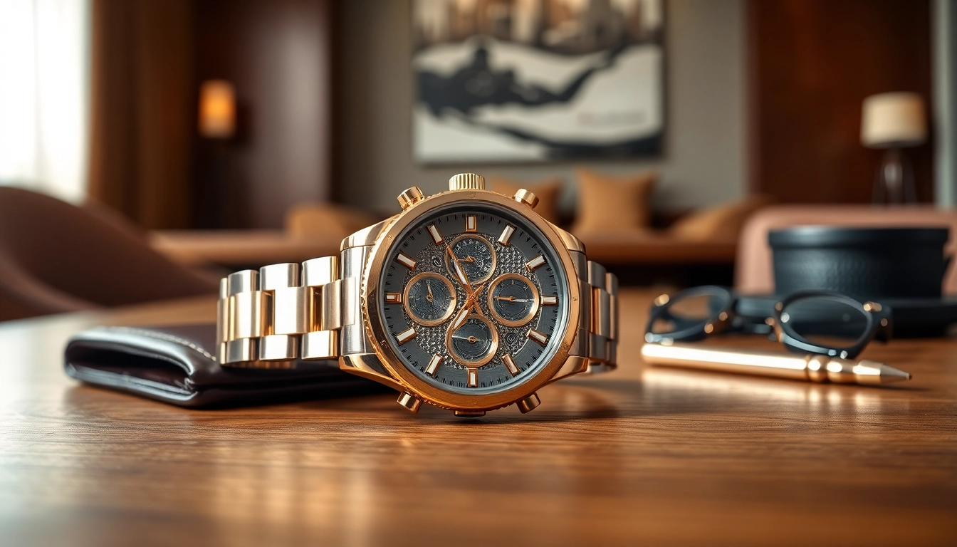 A luxury replica watch showcasing intricate details resting on a sleek table surface.