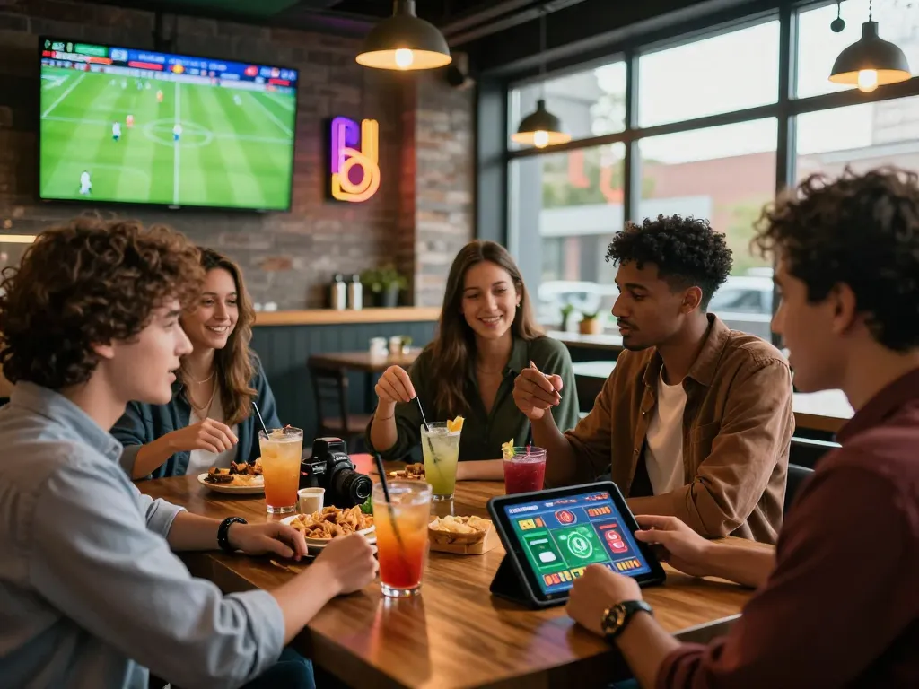 Friends placing bets at a vibrant sports bar on bong99 platform, showcasing excitement and camaraderie.