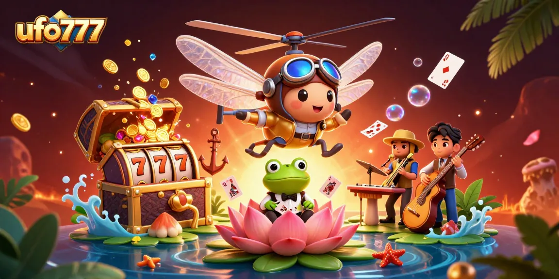 Experience the thrill at ufo777 with a vibrant casino scene featuring a helicopter pilot, frog dealer, and jazz musicians.