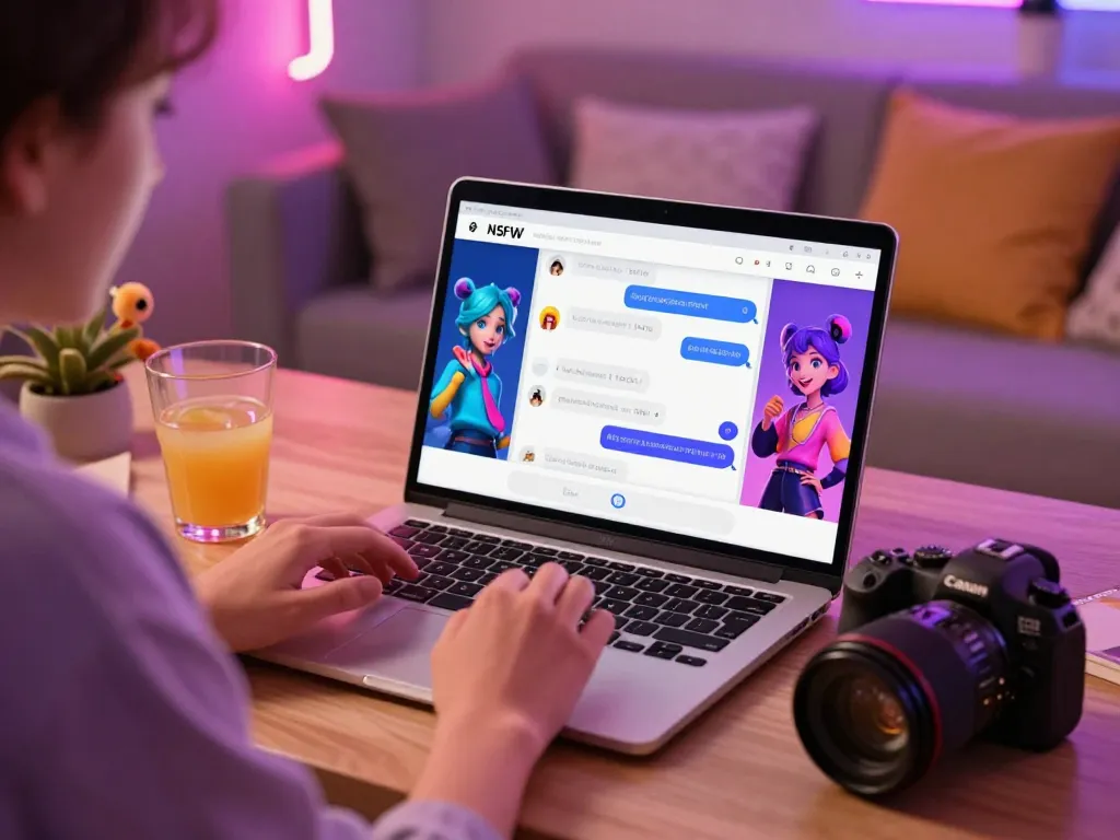 Engaging in NSFW AI character chat, user surrounded by playful decor.