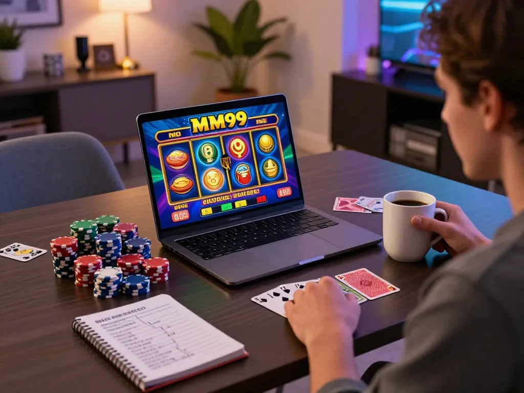 Player enjoying an MM99 Slot game on a laptop in a cozy home setting with chips and strategy notes.