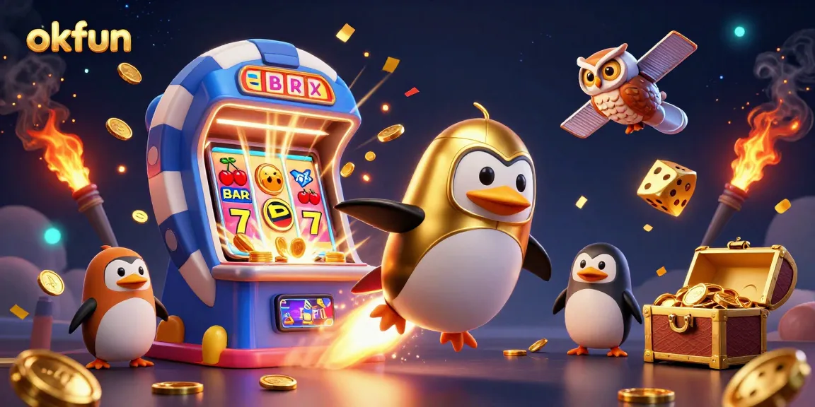 Experience the thrill of okfun with a golden penguin racing to a casino paradise!