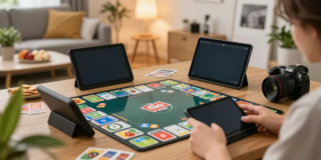 Rumble Rummy player enjoying mobile gameplay in a cozy living room.