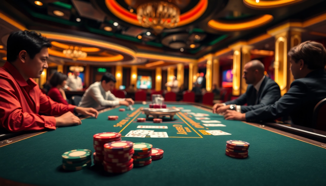 Bermain togel389 di meja poker dengan chips berwarna-warni dan suasana mewah di kasino.