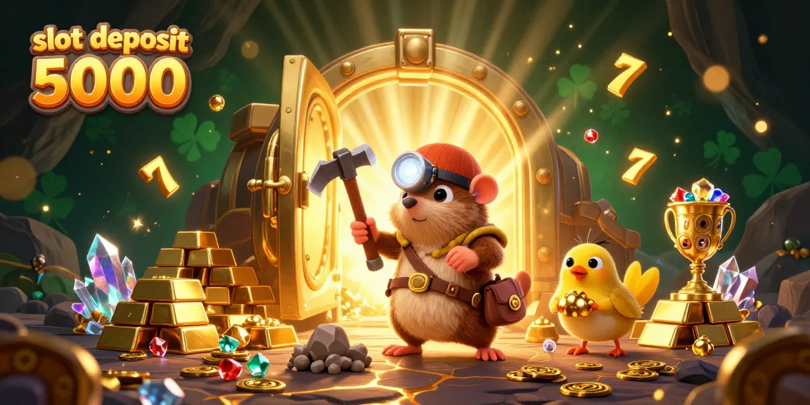 Slot deposit 5000 dengan simbol slot berkilau dan karakter penambang mencari kemenangan yang berlimpah.