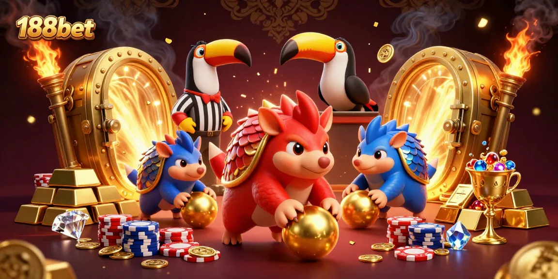 Engage with 188bet's thrilling gambling action as rival pangolins playfully bowl through poker chips.