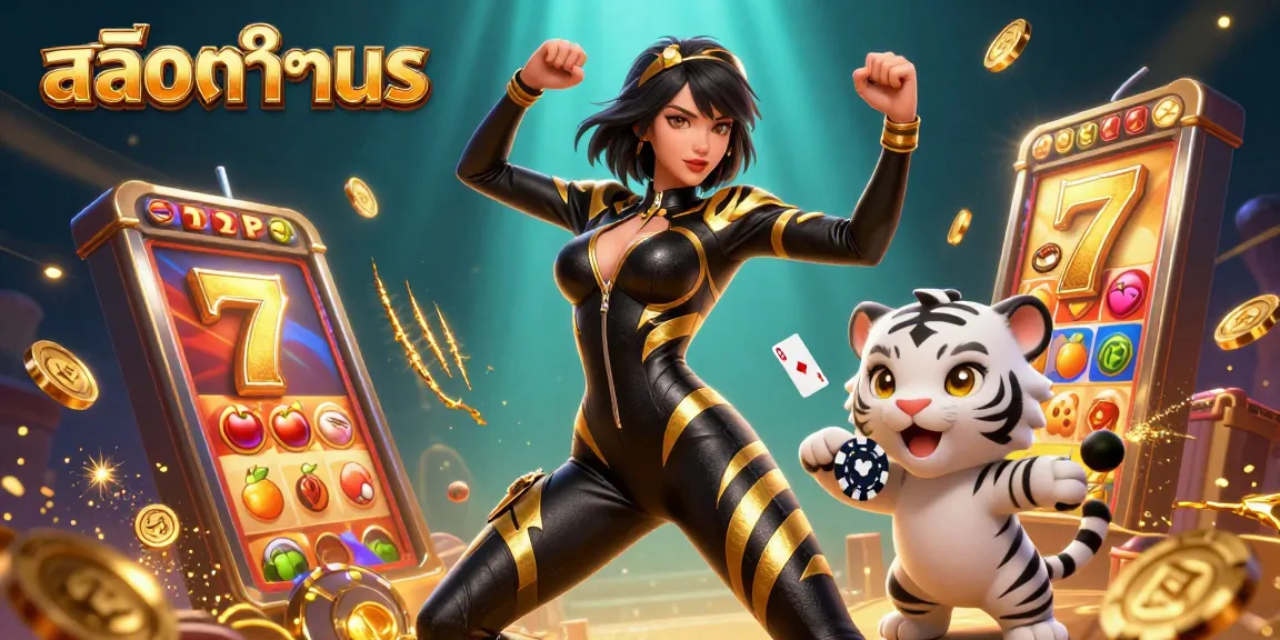 Engage in สล็อตทดลอง with a stunning acrobatic woman and playful tiger, vibrant casino themes.