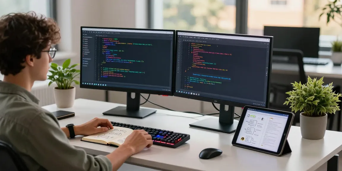 Interactive kobold ai chatbot development setup featuring dual monitors and vibrant code interface