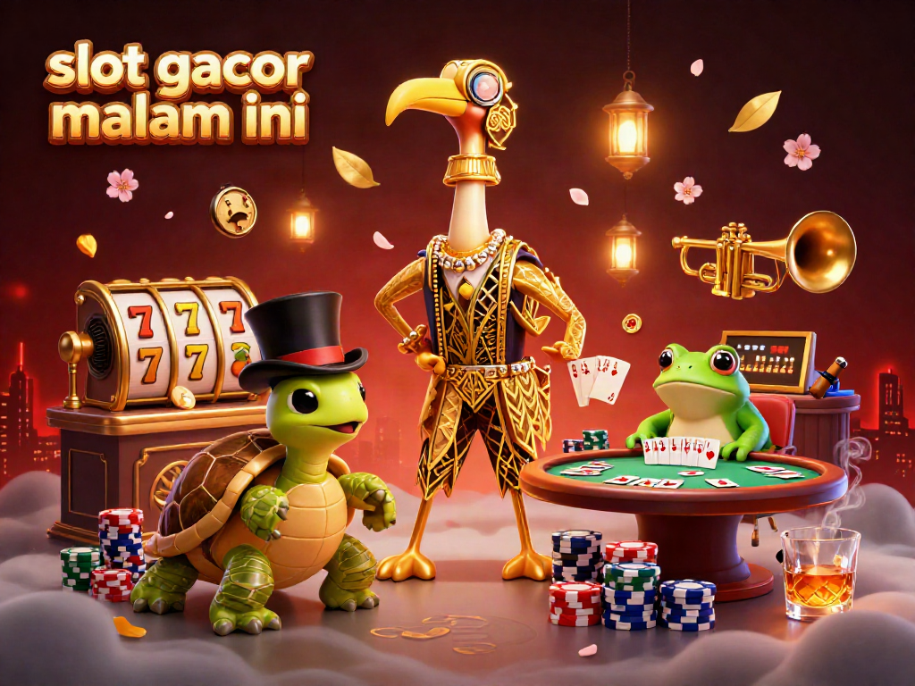 Menggandakan kesenangan bermain slot gacor malam ini dengan crane, kura-kura, dan katak di estetika kasino.