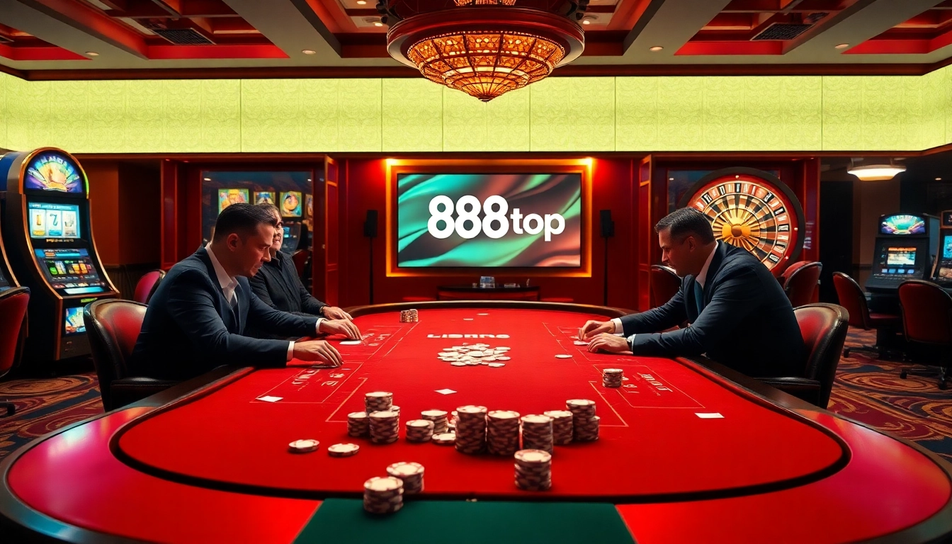 Experience the excitement of betting at 888top's luxury casino, featuring poker tables and vibrant slot machines.