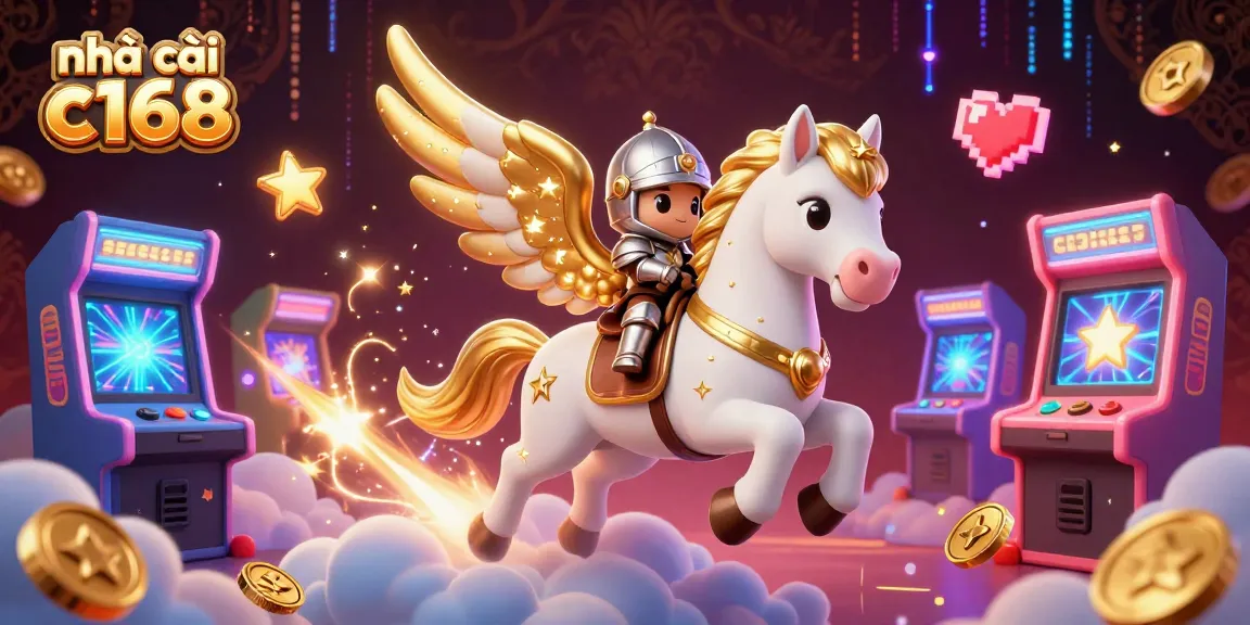 Engage with nhà cái c168 in a thrilling 3D casino scene featuring knights and vibrant arcade elements.