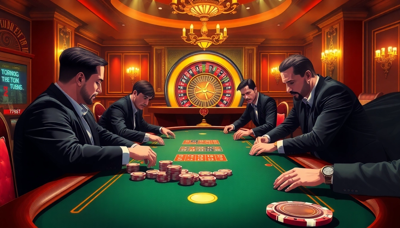 A thrilling poker game scene at 79king casino, showcasing excitement and luxury with high-stakes tables.