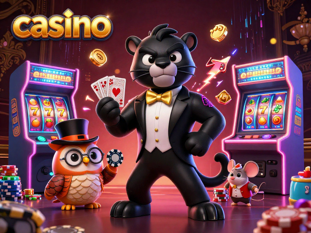 Engaging casino scene with a stylish panther dealing cards, an owl with poker chips, and a lucky mouse amongst vibrant slot reels.