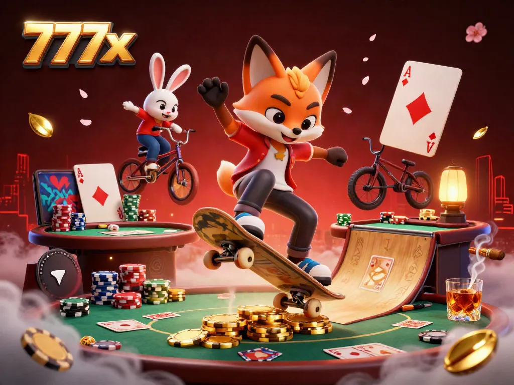Experience the vibrant casino energy with 777x as a 3D fox skateboards on poker chips.