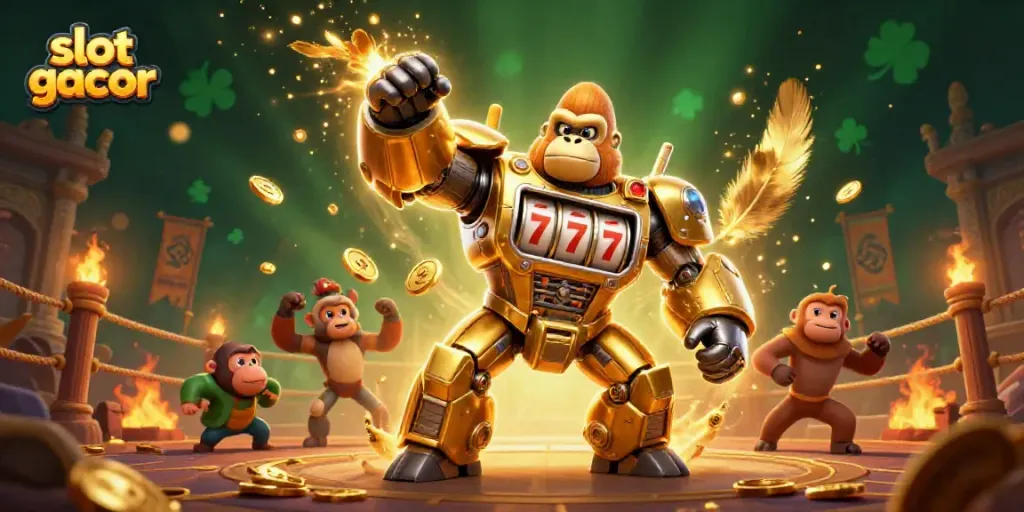 Engage with the vibrant slot gacor scene featuring a golden gorilla mech and a monkey pilot amid dynamic gaming elements.