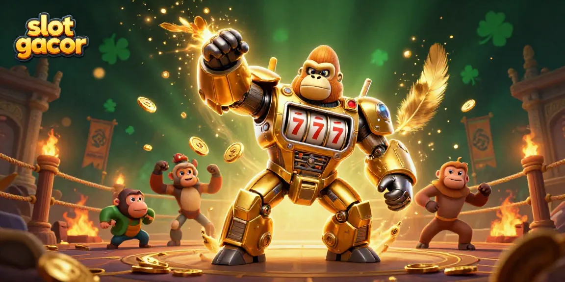 Engage with the vibrant slot gacor scene featuring a golden gorilla mech and a monkey pilot amid dynamic gaming elements.