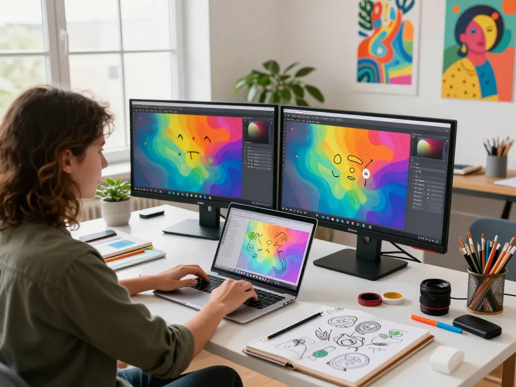 Digital artist using nano banana 2 in a vibrant creative workspace.