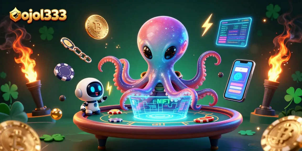 Engage with the thrilling gaming scene ojol333 featuring an alien octopus and holographic poker table.