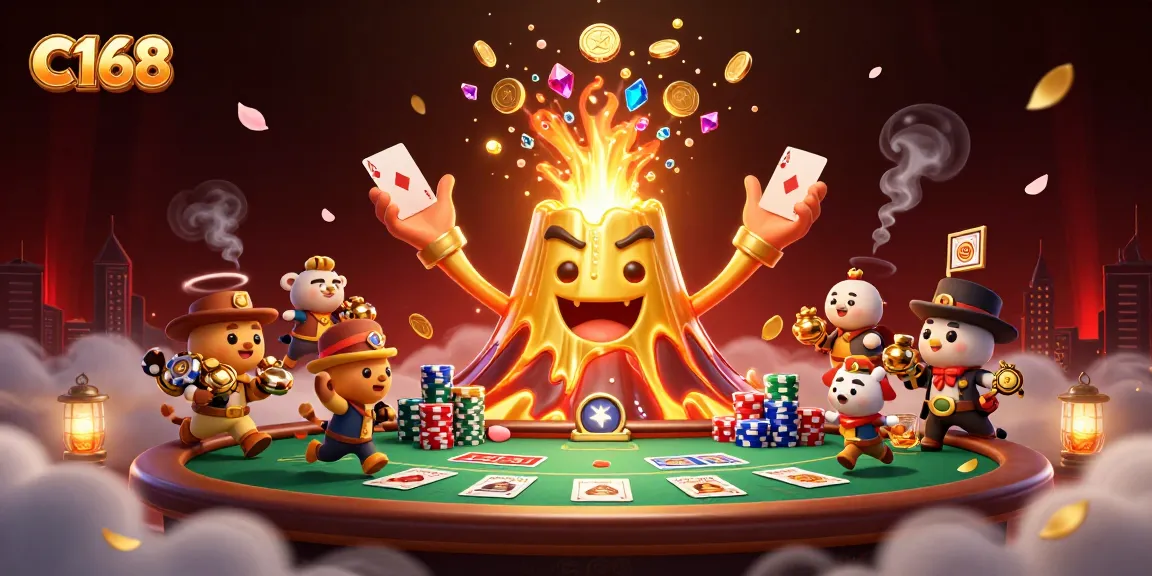 C168 offers thrilling casino action with golden treasures erupting from a volcano, surrounded by card games.