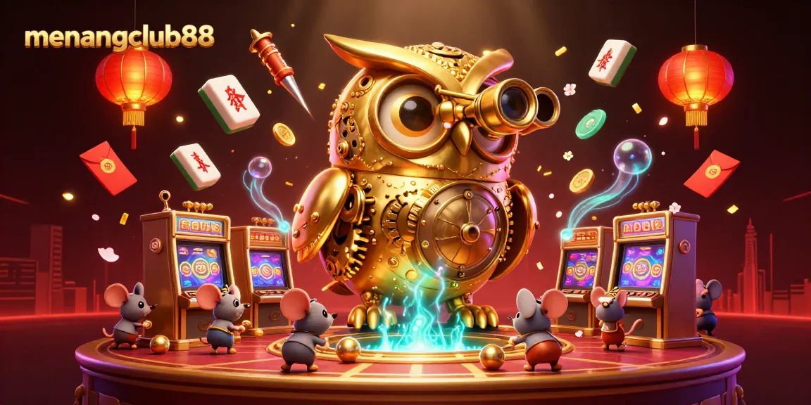 Experience exciting gaming at menangclub88 with a dazzling casino scene featuring a golden owl and playful mice.