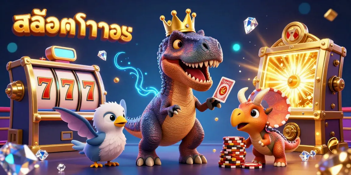 Engage in สล็อตทดลอง with a T-Rex shuffling cards, surrounded by vibrant casino elements.