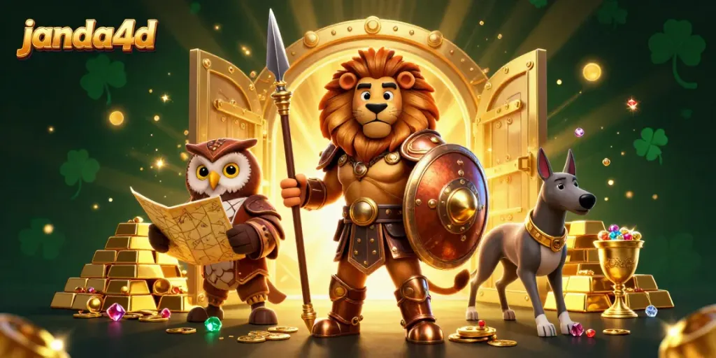 Ilustrasi 3D janda4d dengan singa Spatan, burung hantu strategis, dan greyhound dalam suasana kasino.