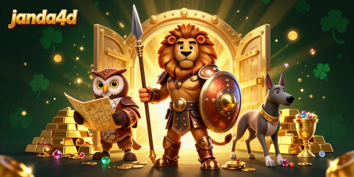 Ilustrasi 3D janda4d dengan singa Spatan, burung hantu strategis, dan greyhound dalam suasana kasino.