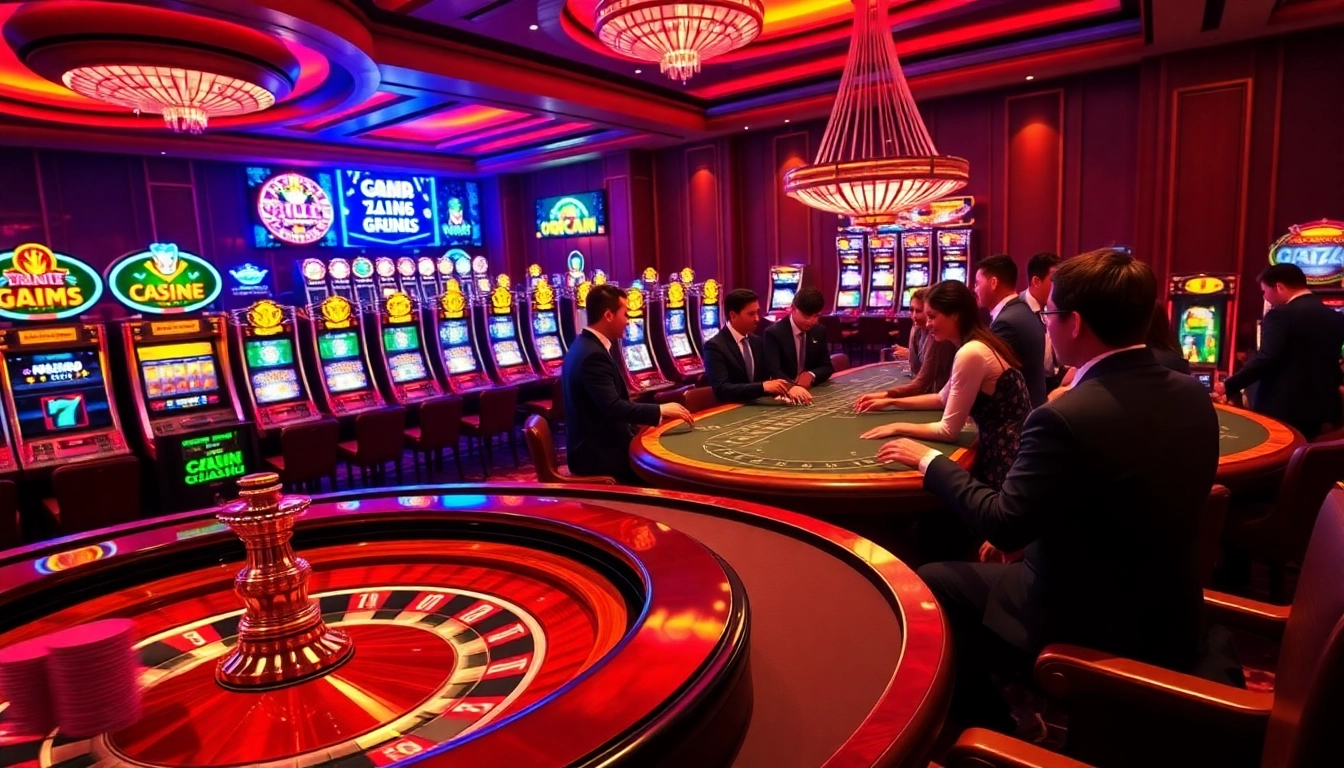 Dynamic casino scene featuring QQMACAN's gaming excitement with players at the tables and vibrant slot machines.