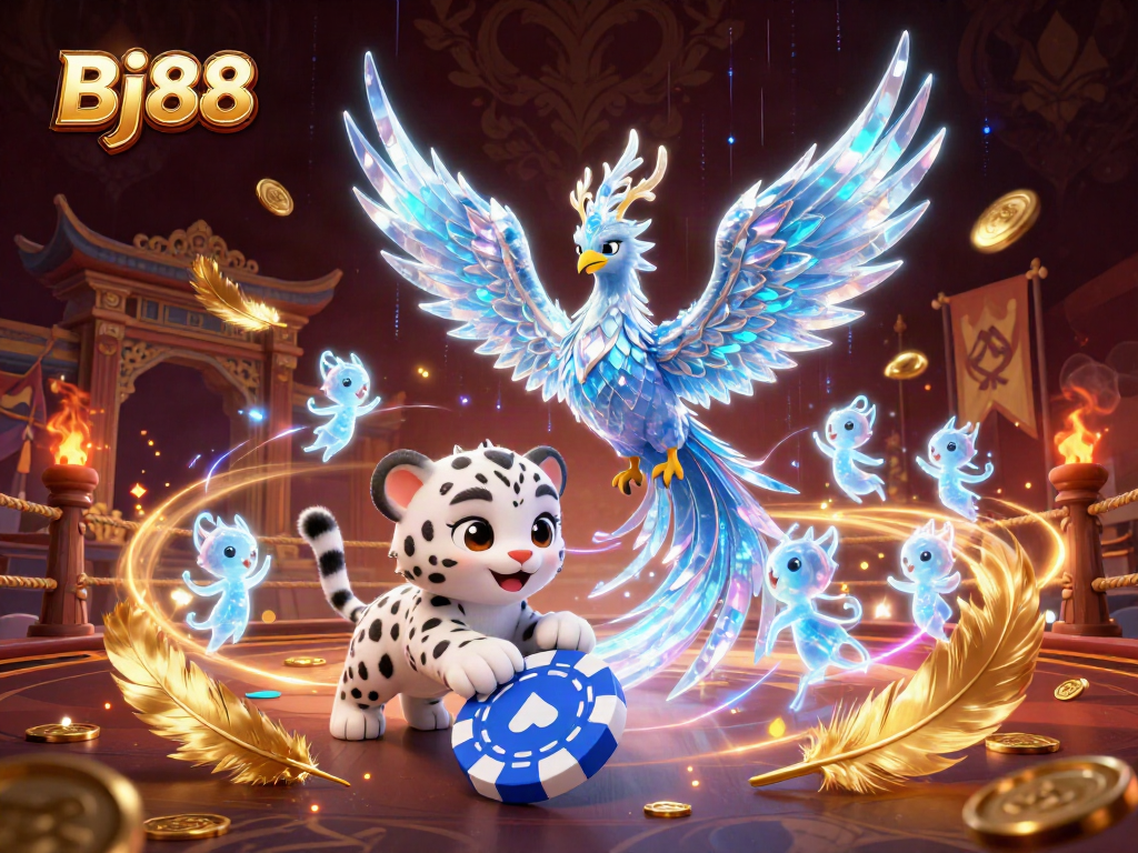 Bj88 featuring an ice phoenix, snow leopard cub, and ice sprites in a vibrant 3D casino scene.