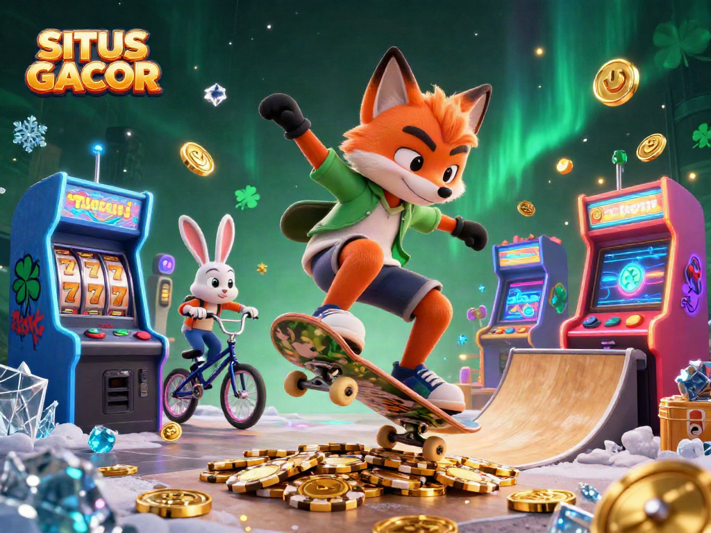 Witness thrilling action in SITUS GACOR with a skateboarder fox and BMX bunny amidst vibrant casino elements.