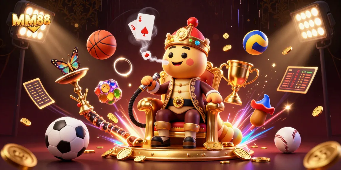 Experience exciting gaming at MM88 with a whimsical 3D illustration featuring vibrant sports elements.