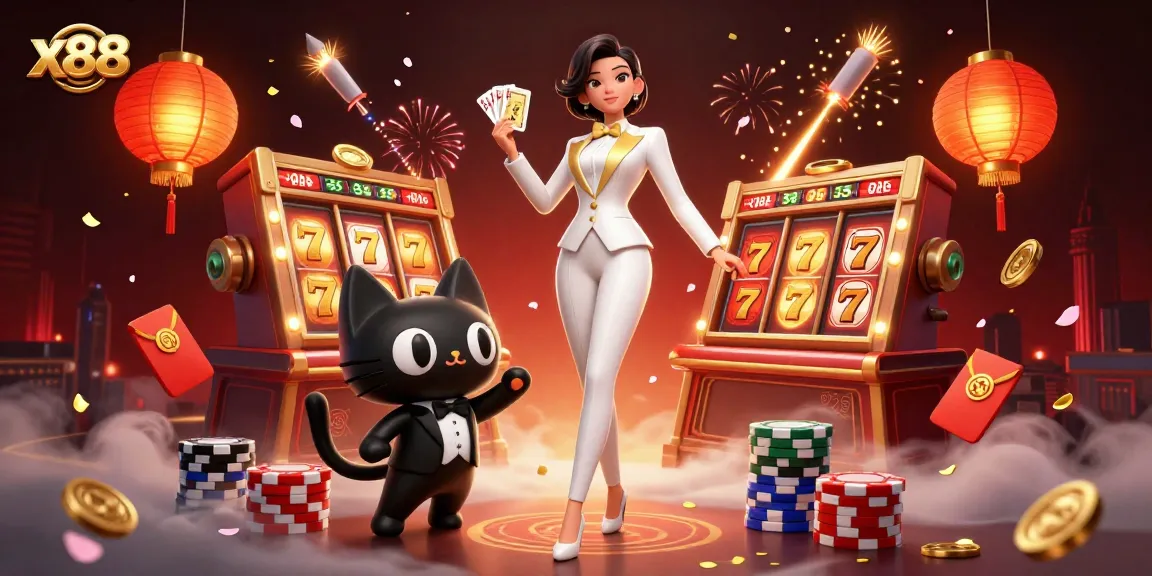 x88 players winning with vibrant slot machines and poker actions in a captivating casino illustration.