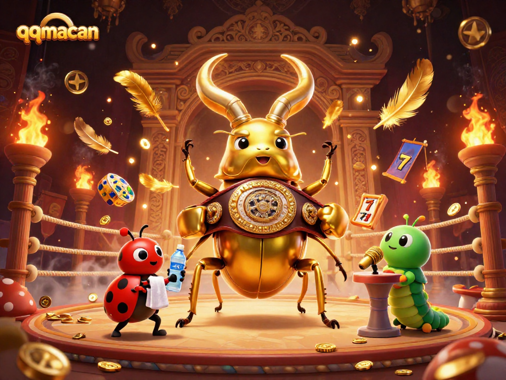 Engage in thrilling slots gaming with qqmacan while a giant beetle competes in a dynamic scene.