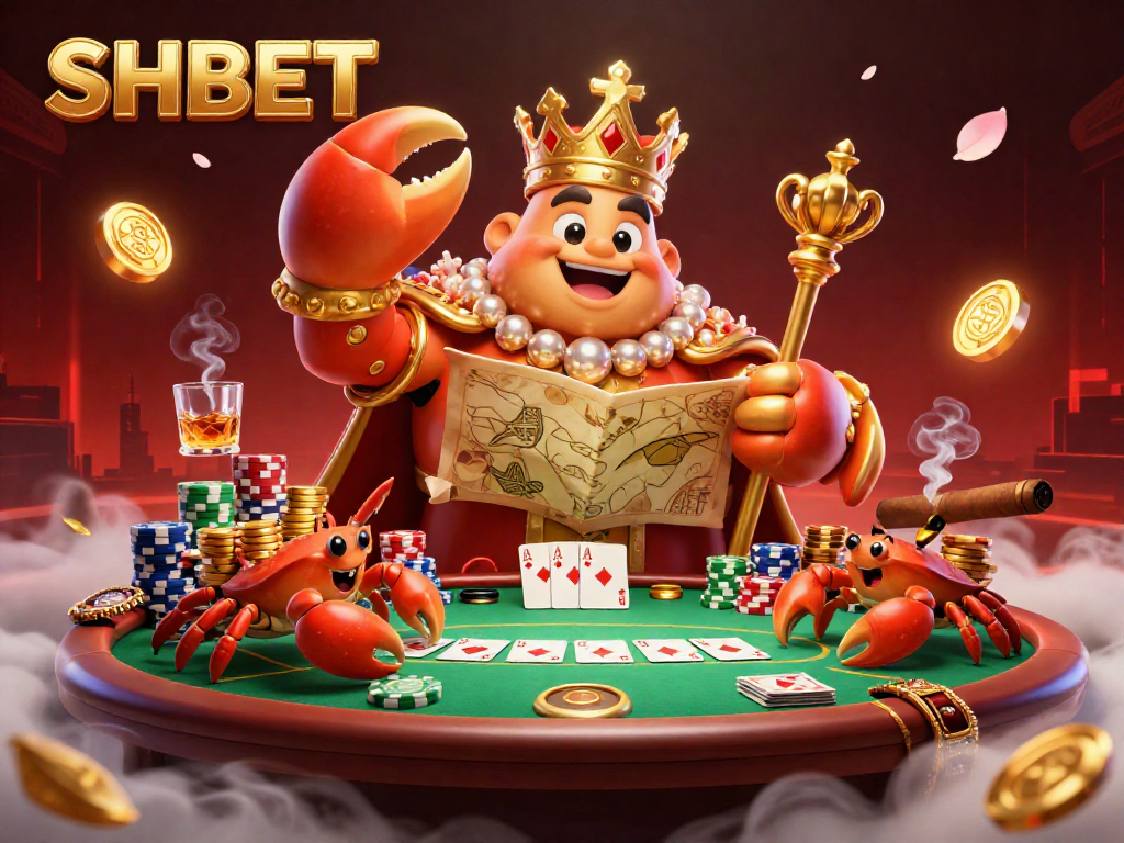 Engage with SHBET's thrilling atmosphere as a golden crab emperor leads a vibrant poker scene.