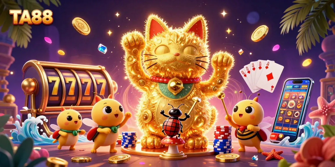 Engage with TA88's thrilling casino experience featuring a lucky cat and dynamic symbols.