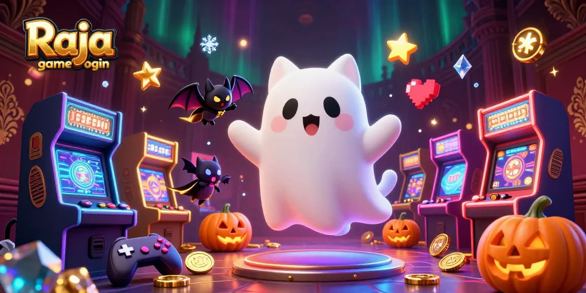 Engage with Raja game login in a haunted casino scene with ghost cat and vampire bat.