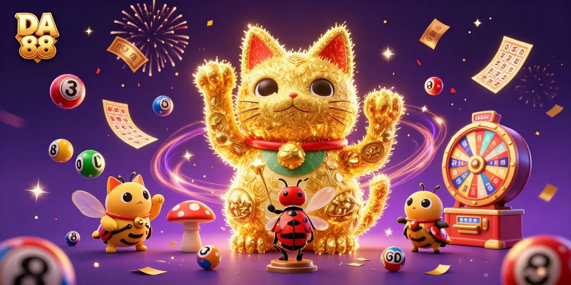 Experience the thrill of DA 88 gaming with a vibrant lucky cat illustration amidst colorful casino symbols.