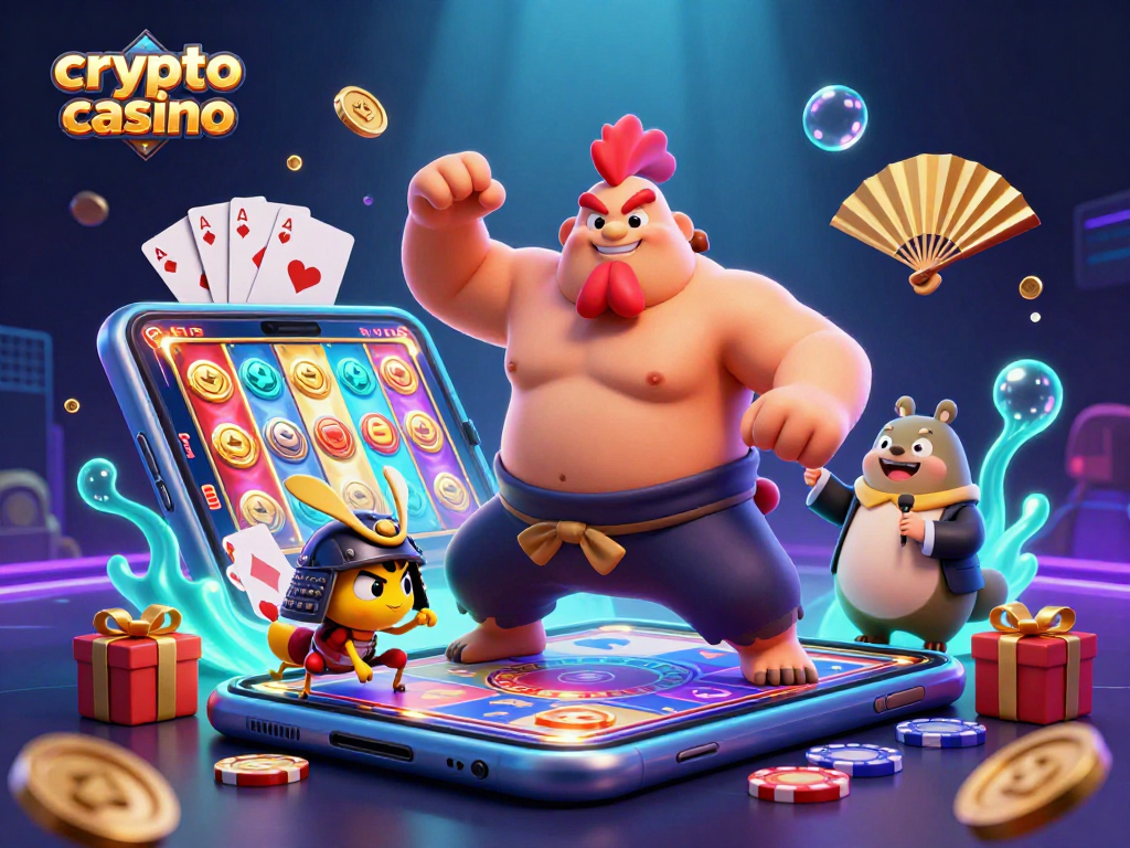 Engaging scene depicting a crypto casino with vibrant characters and gaming elements, showcasing action and excitement.
