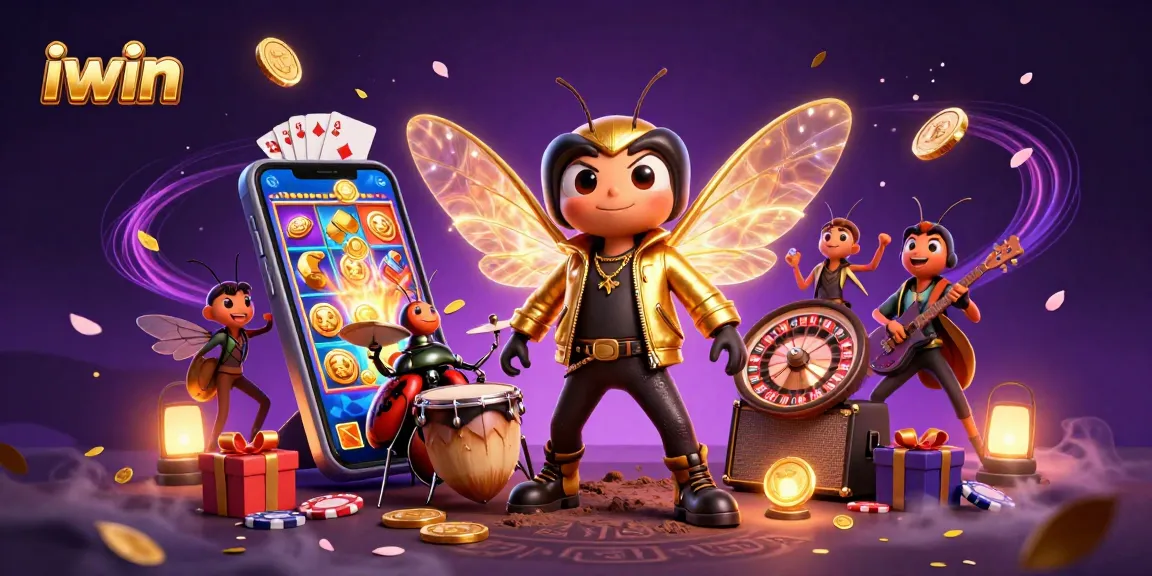 Join the iwin team with this vibrant casino illustration featuring a rock star cicada.