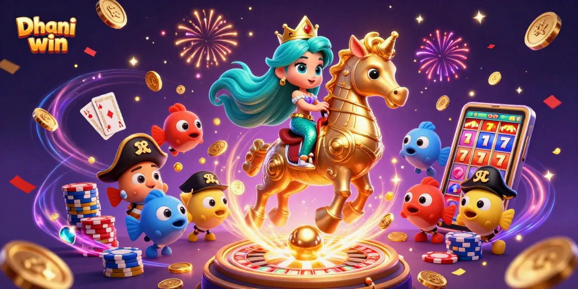 Play exciting games on Dhani win with vibrant visuals of casino elements and characters.