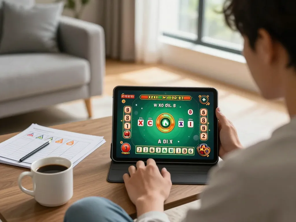 Xóc đĩa online gaming session with user focused on tablet interface in cozy home setting.