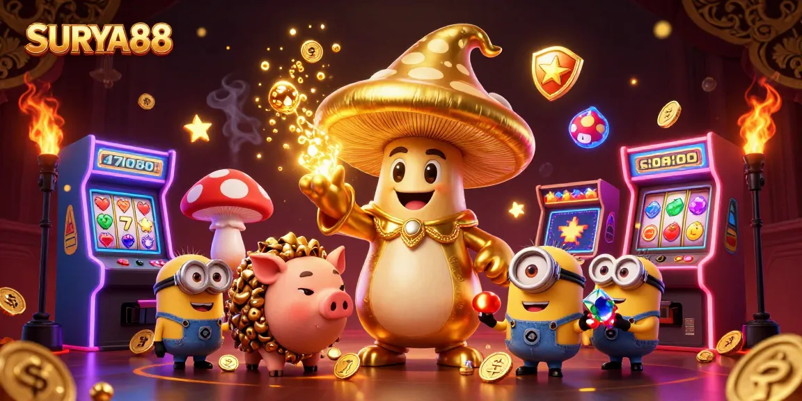 SURYA88 showcases a magical golden mushroom wizard amidst vibrant casino slot elements.